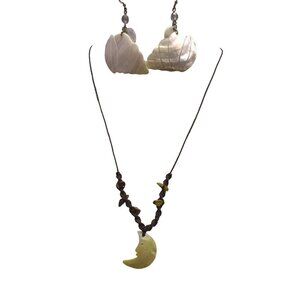 Mother pearl of shell iridescent dangle earrings and crescent moon charm necklac